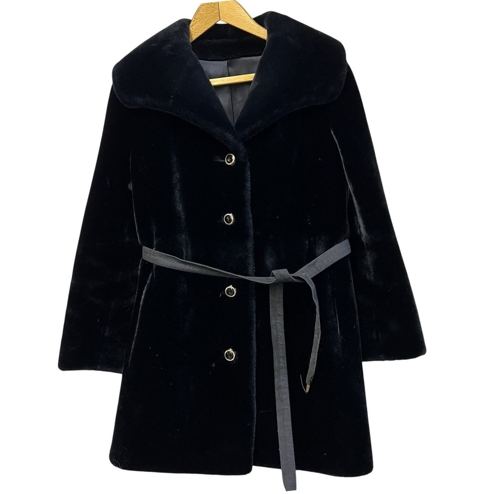 Borgazia Career Originals Vintage Faux Fur Coat Womens‎ 10 Black Belted READ